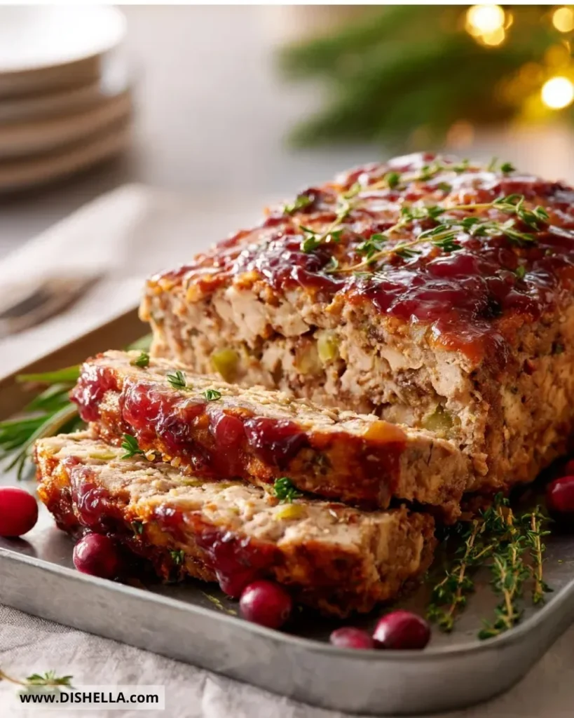 Homemade Turkey Stuffing Meatloaf with herbs and spices, garnished for serving