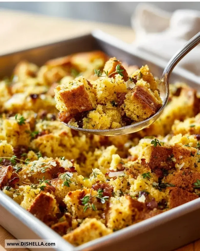 Delicious ultimate bacon cornbread stuffing in a serving dish