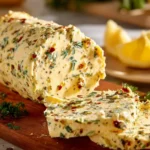 Delicious cowboy butter spread with herbs and spices on grilled steak