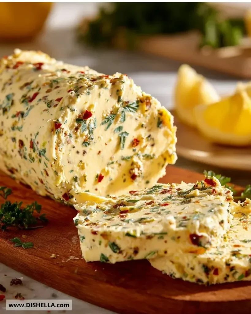 Delicious cowboy butter spread with herbs and spices on grilled steak