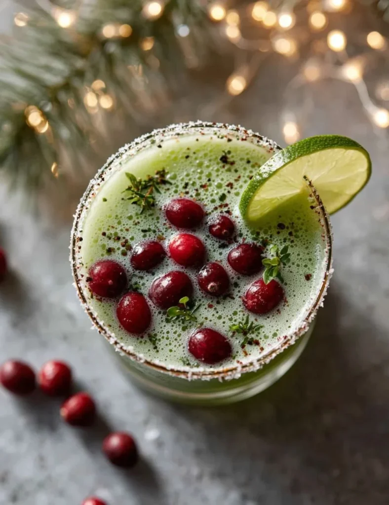 Virgin Mistletoe Margarita in a festive glass with holiday decorations