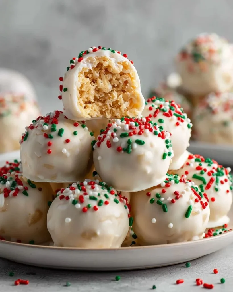 White Chocolate Rice Krispie Balls coated in white chocolate and sprinkles