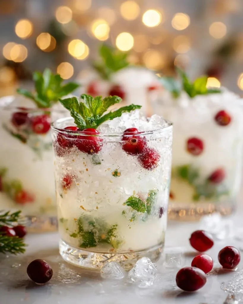 Refreshing White Christmas Mojitos cocktail garnished with mint and cranberries.