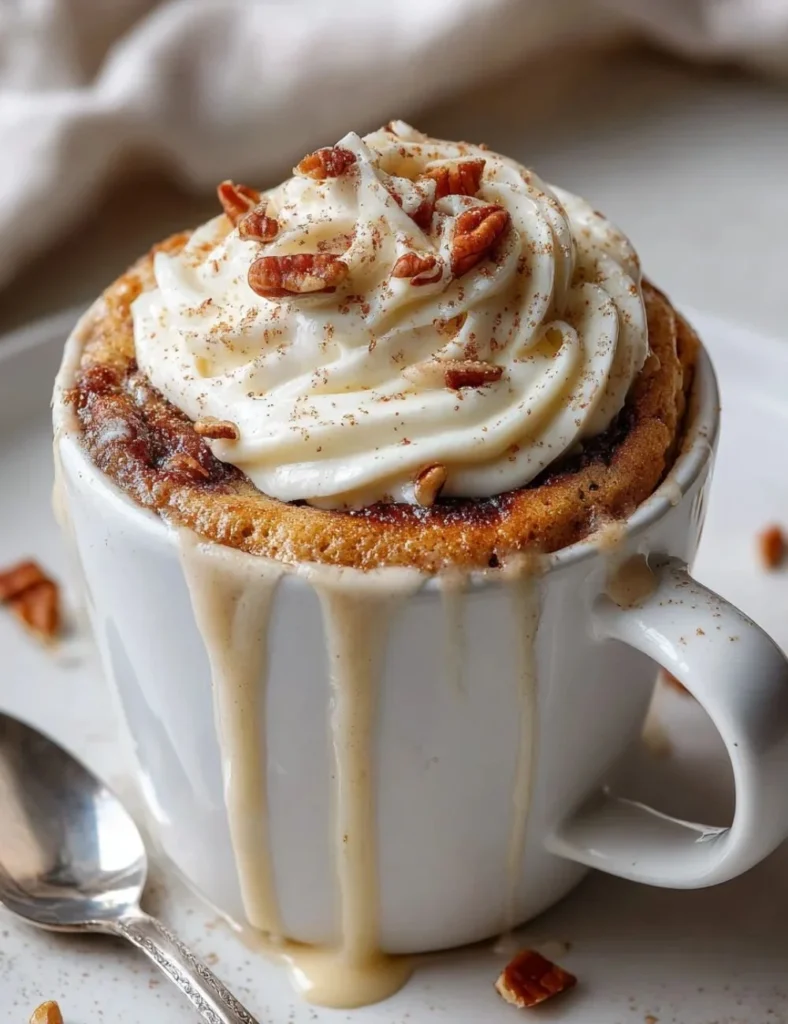 Delicious keto cinnamon roll mug cake topped with cream cheese frosting