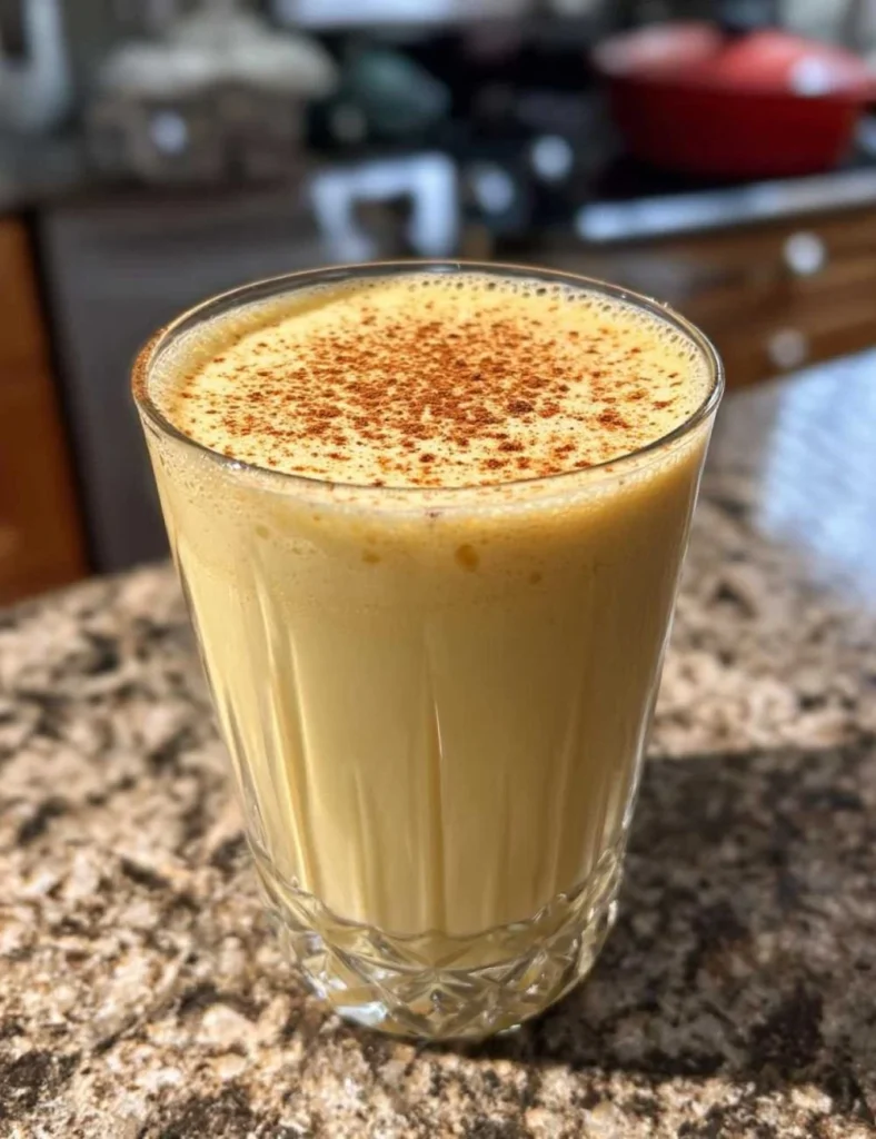 Glass of eggnog milkshake garnished with nutmeg and whipped cream.