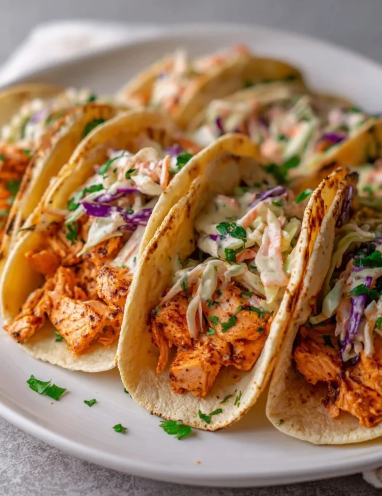 Delicious air fryer salmon tacos with crunchy slaw and vibrant toppings