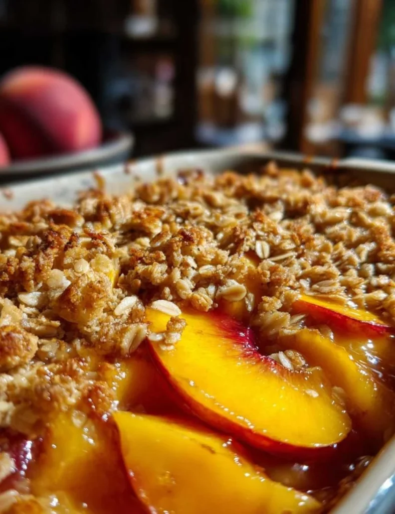 Delicious peach crisp dessert topped with a golden oat and brown sugar crumble