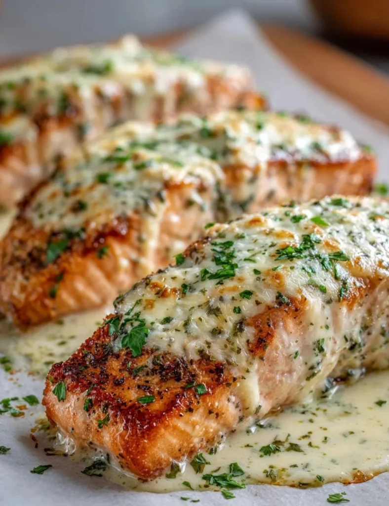 Baked Boursin Salmon topped with herbs and served on a plate