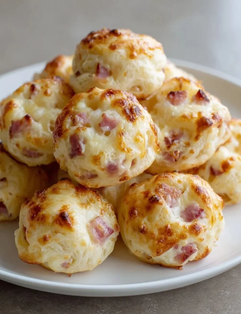 Freshly baked Cheddar Ham Puffs on a serving platter