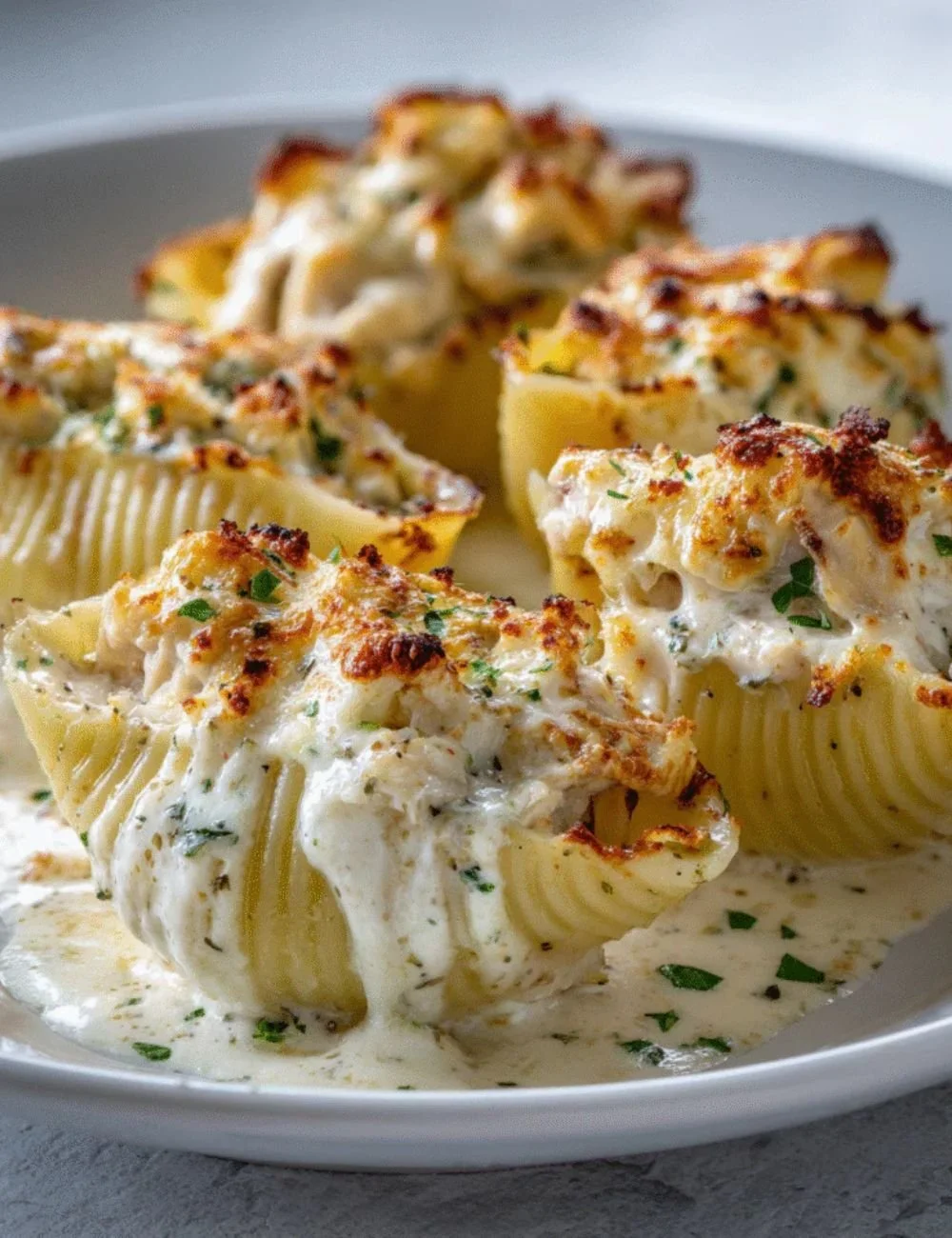 Baked Chicken Alfredo Stuffed Shells topped with cheese and herbs