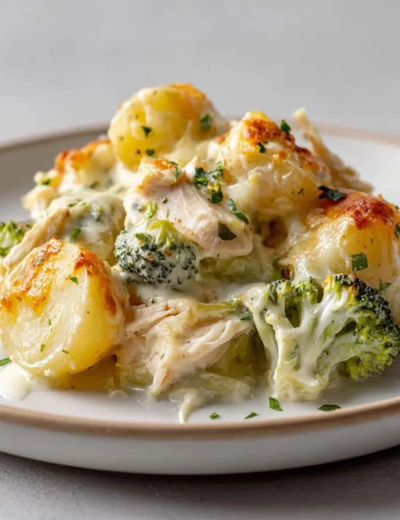 Baked Potato Chicken and Broccoli Casserole dish topped with cheese