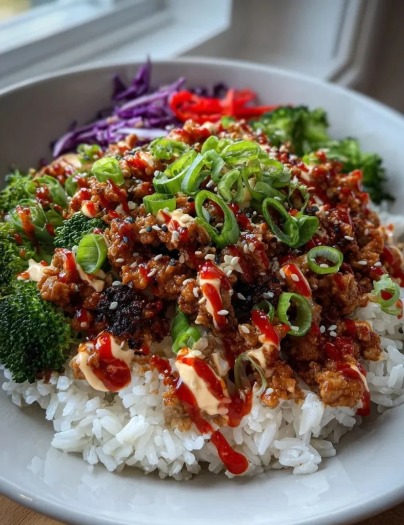 Bang Bang Ground Turkey Rice Bowls with fresh ingredients and vibrant flavors