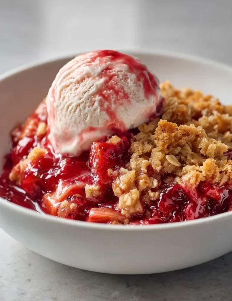Delicious strawberry rhubarb crisp served in a baking dish