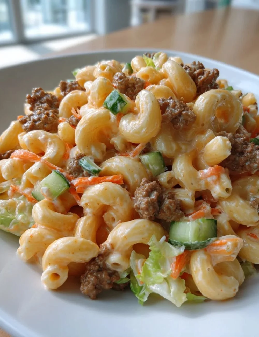 Delicious Big Mac Pasta Salad with dressing, lettuce, and cheese.