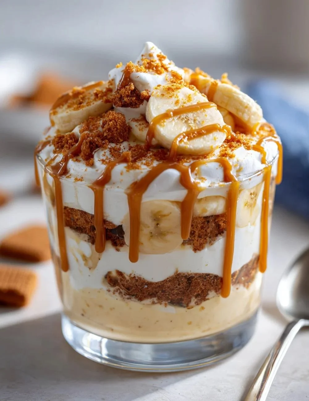 Delicious Biscoff banana pudding topped with caramel sauce and cookie crumbs