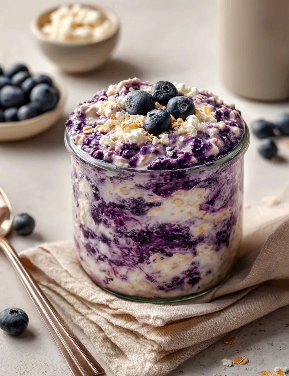 A bowl of blueberry cottage cheese overnight oats topped with fresh blueberries