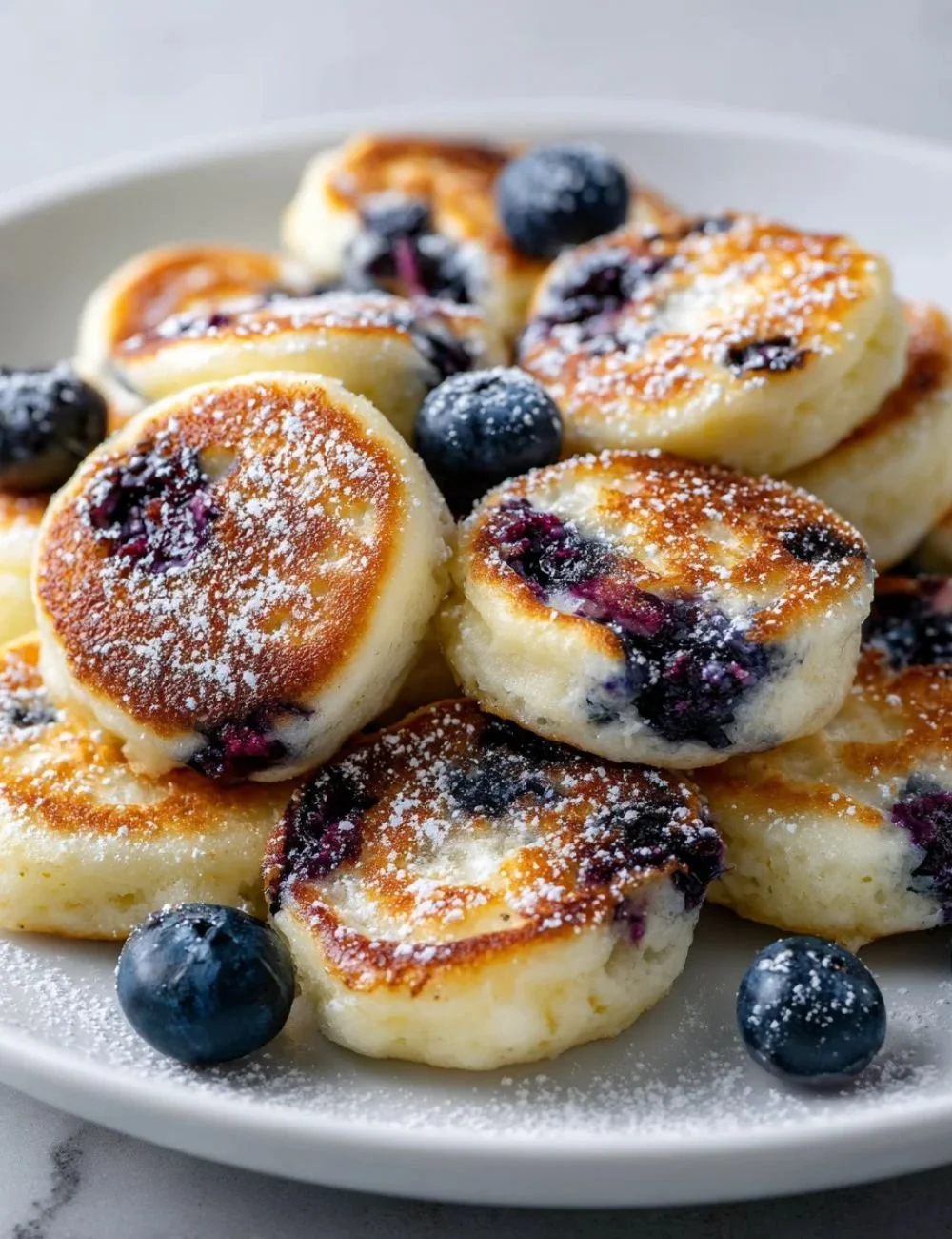 Blueberry lemon pancake bites served on a plate with fresh blueberries and lemon slices