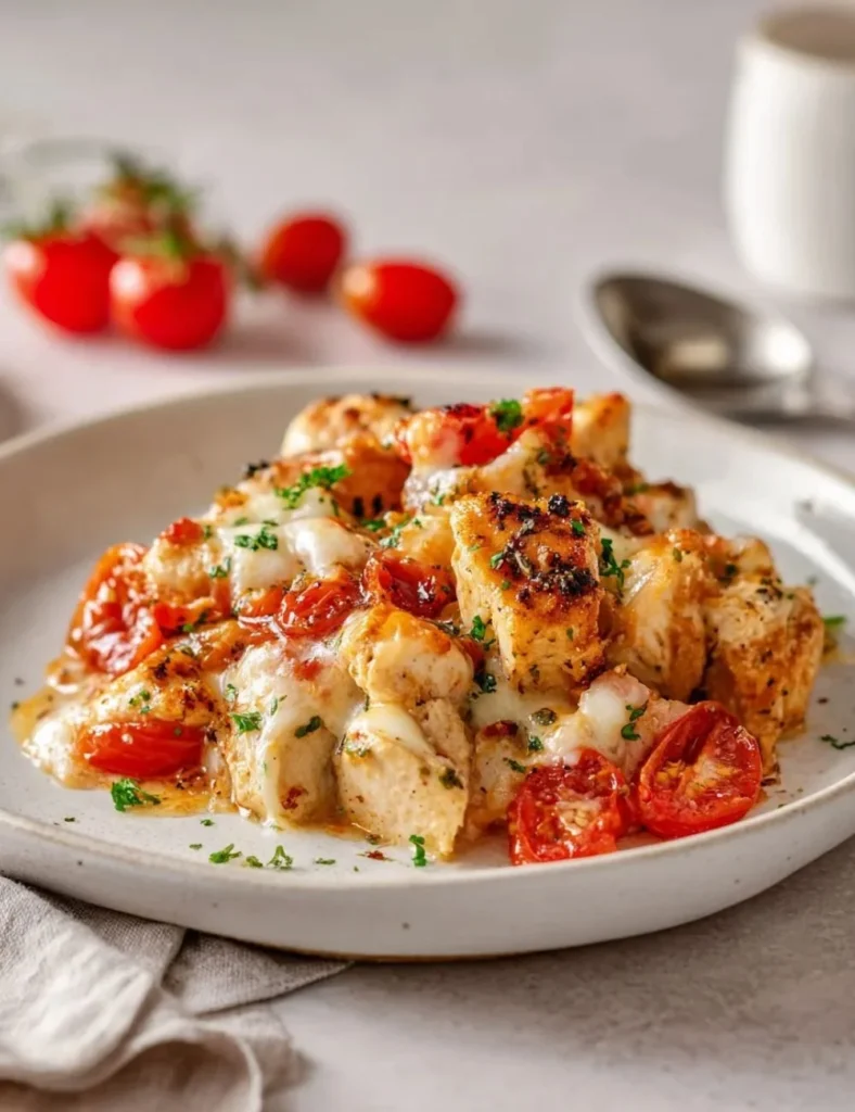 Bruschetta Chicken Casserole with fresh tomatoes and basil
