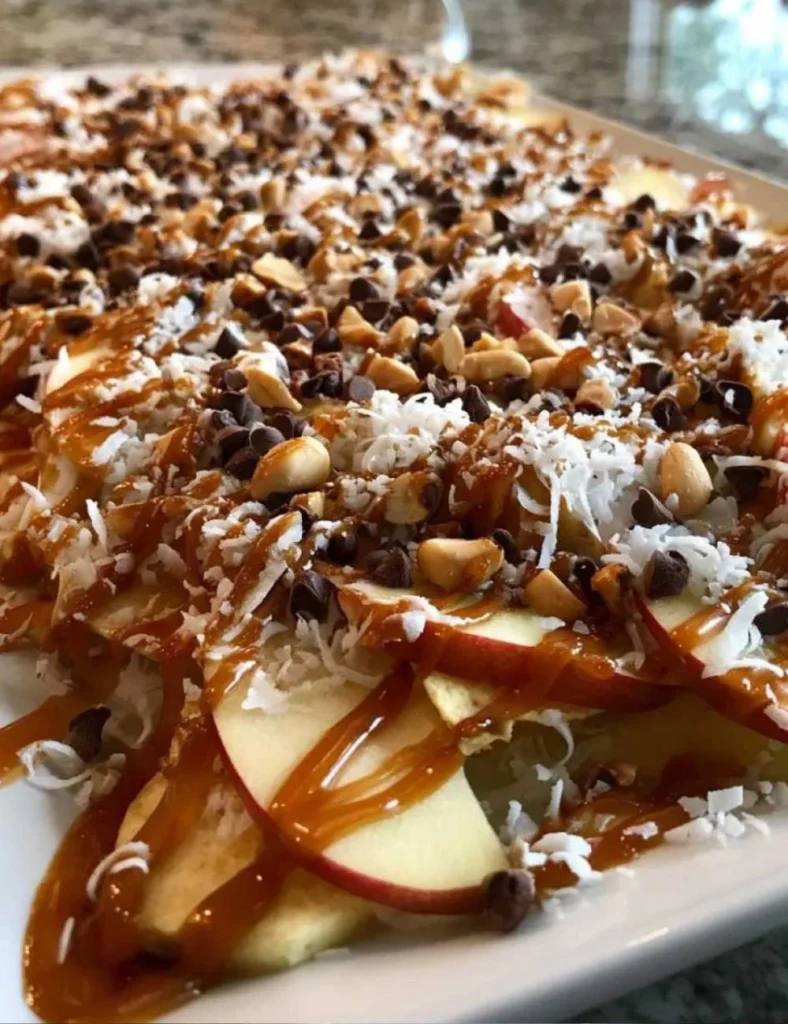 Deliciously drizzled caramel apple nachos topped with chocolate and nuts