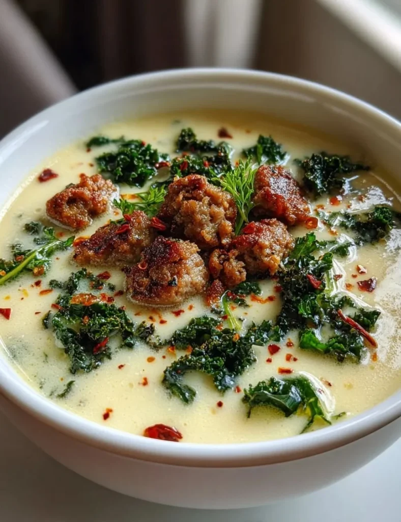 Bowl of creamy cauliflower sausage soup garnished with parsley