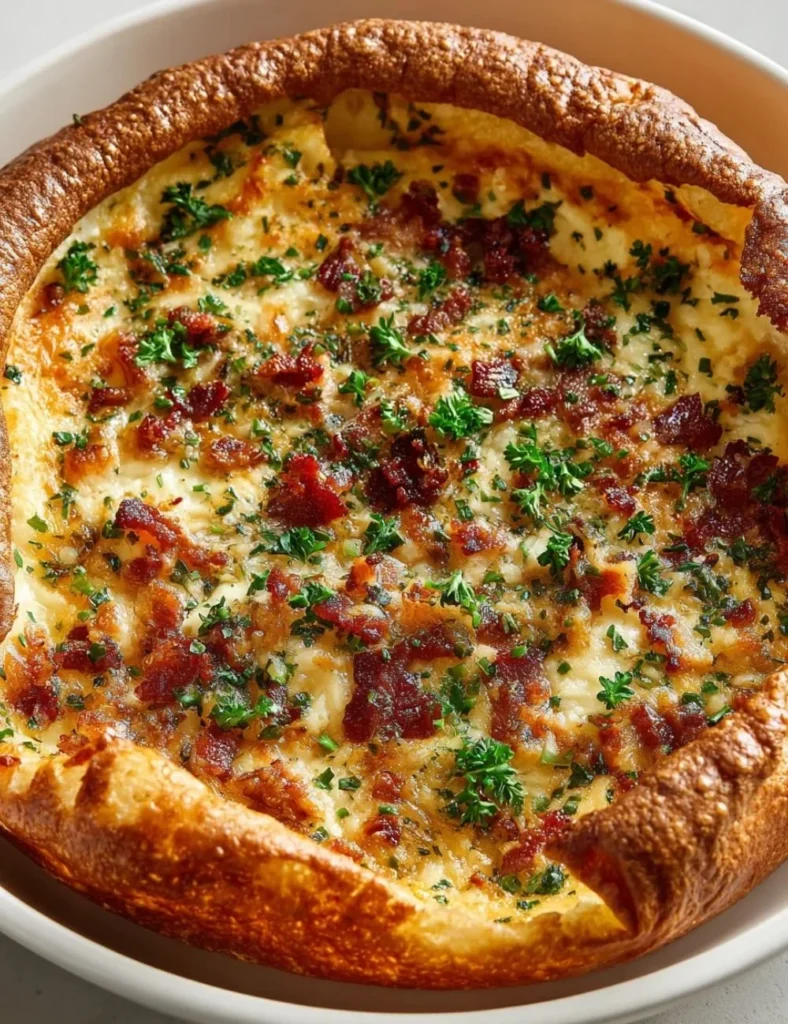 Savory Cheddar Bacon Dutch Baby served with a side of fresh herbs and toppings