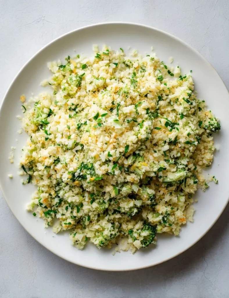 Bowl of Cheesy Broccoli Cauliflower Rice featuring melted cheese and fresh vegetables