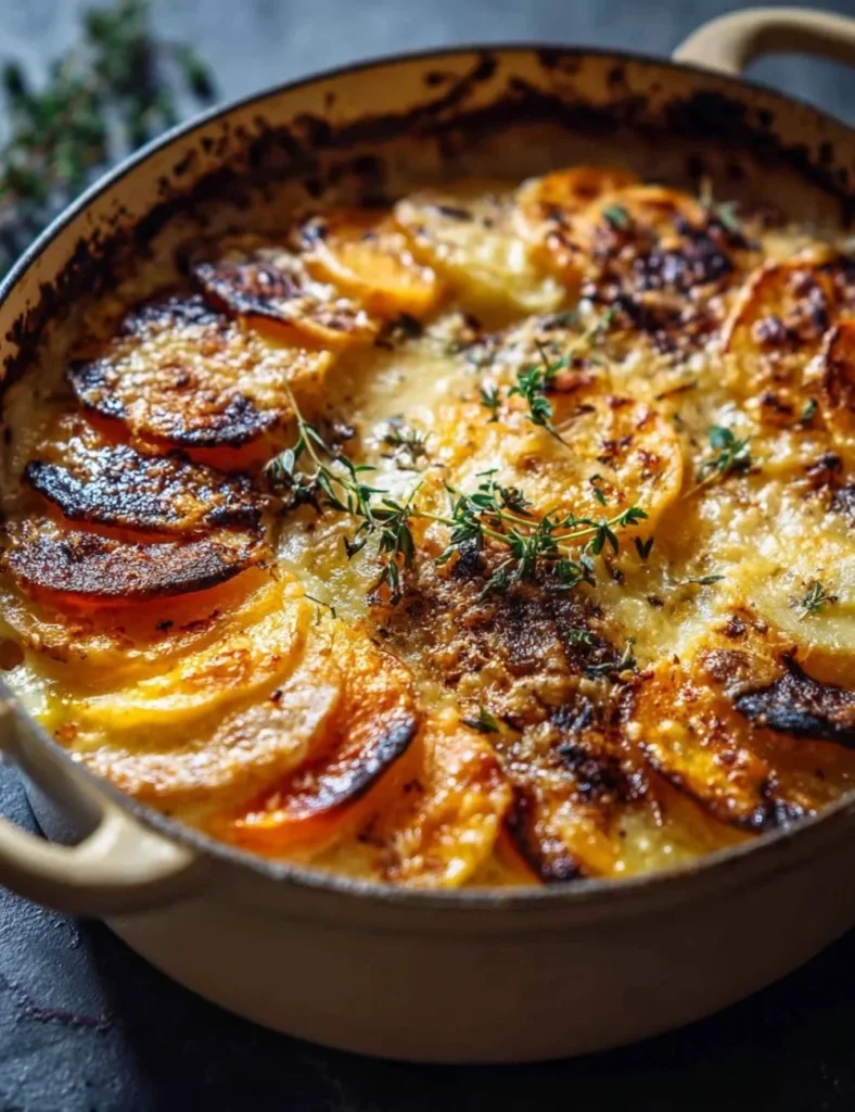 Delicious cheesy root veggie gratin with layers of colorful root vegetables.