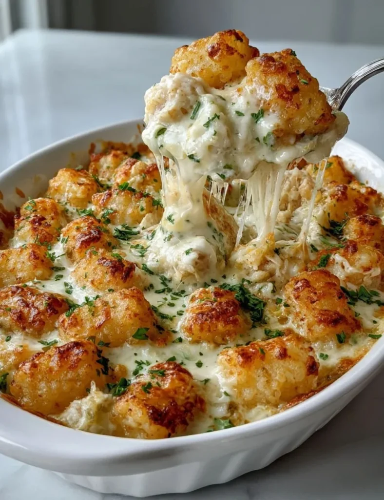 Chicken Alfredo Tater Tot Casserole topped with crispy tater tots and cheese