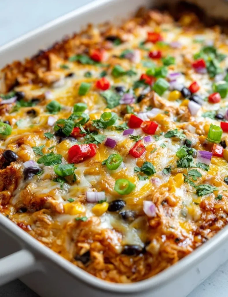 Delicious Chicken Burrito Casserole topped with cheese and fresh ingredients