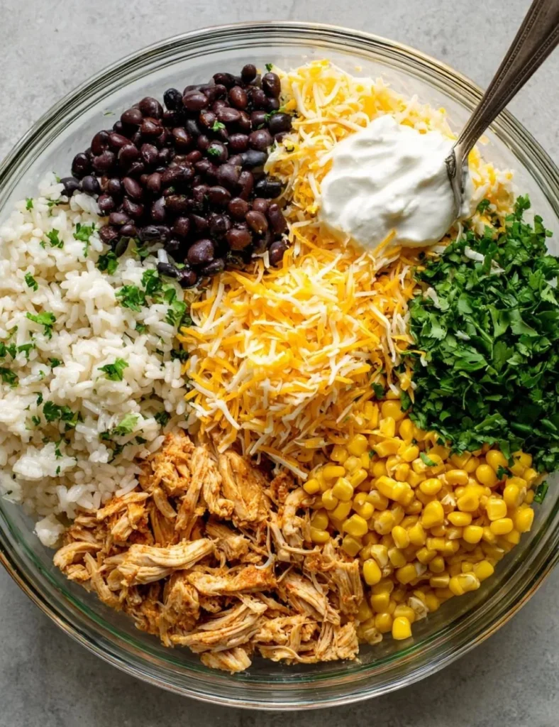 Delicious Chicken Enchilada Rice Casserole topped with cheese and garnished.