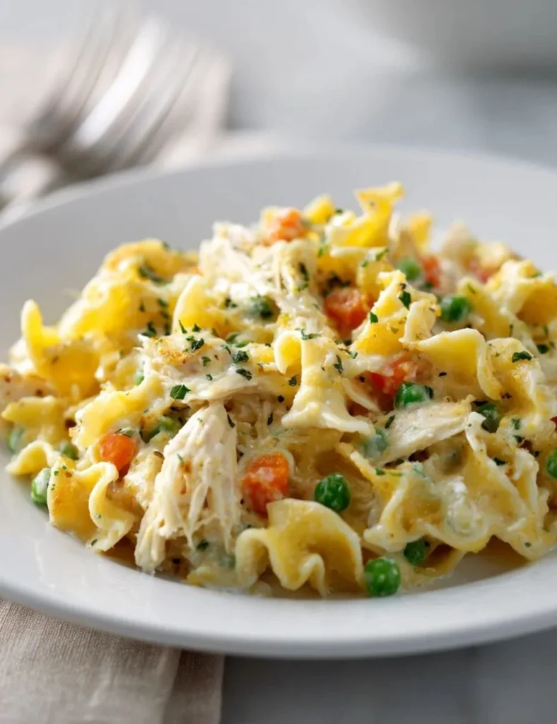 Delicious Chicken Pot Pie Noodles garnished with fresh herbs