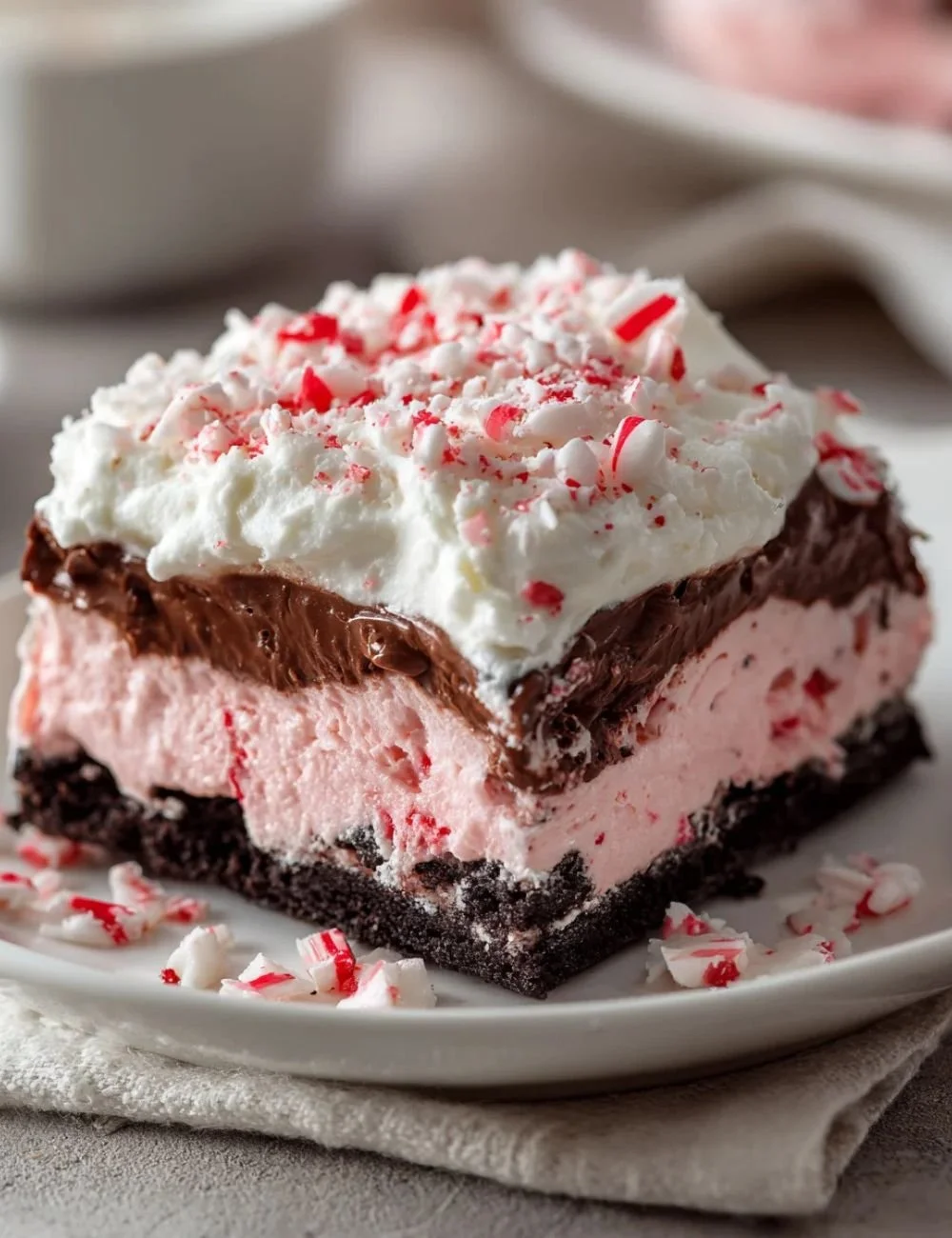 Delicious Chocolate Peppermint Lasagna dessert with layers of chocolate and peppermint