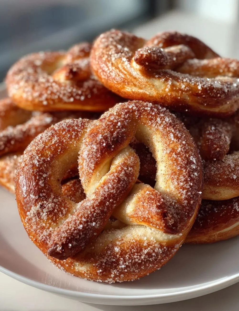 Cinnamon Sugar Soft Pretzels fresh out of the oven, golden and fluffy.