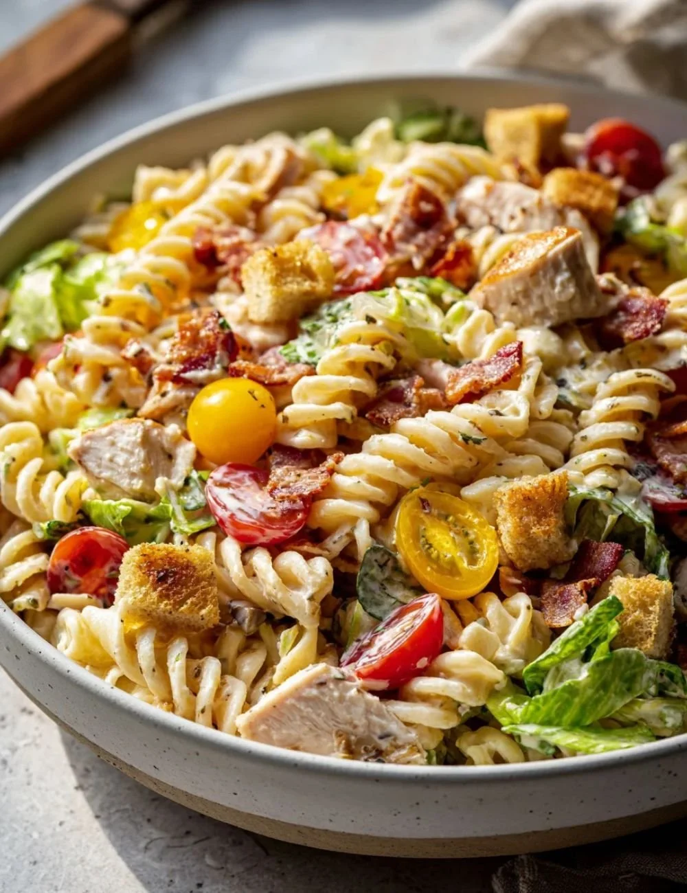 Colorful club sandwich pasta salad with fresh ingredients and toppings.