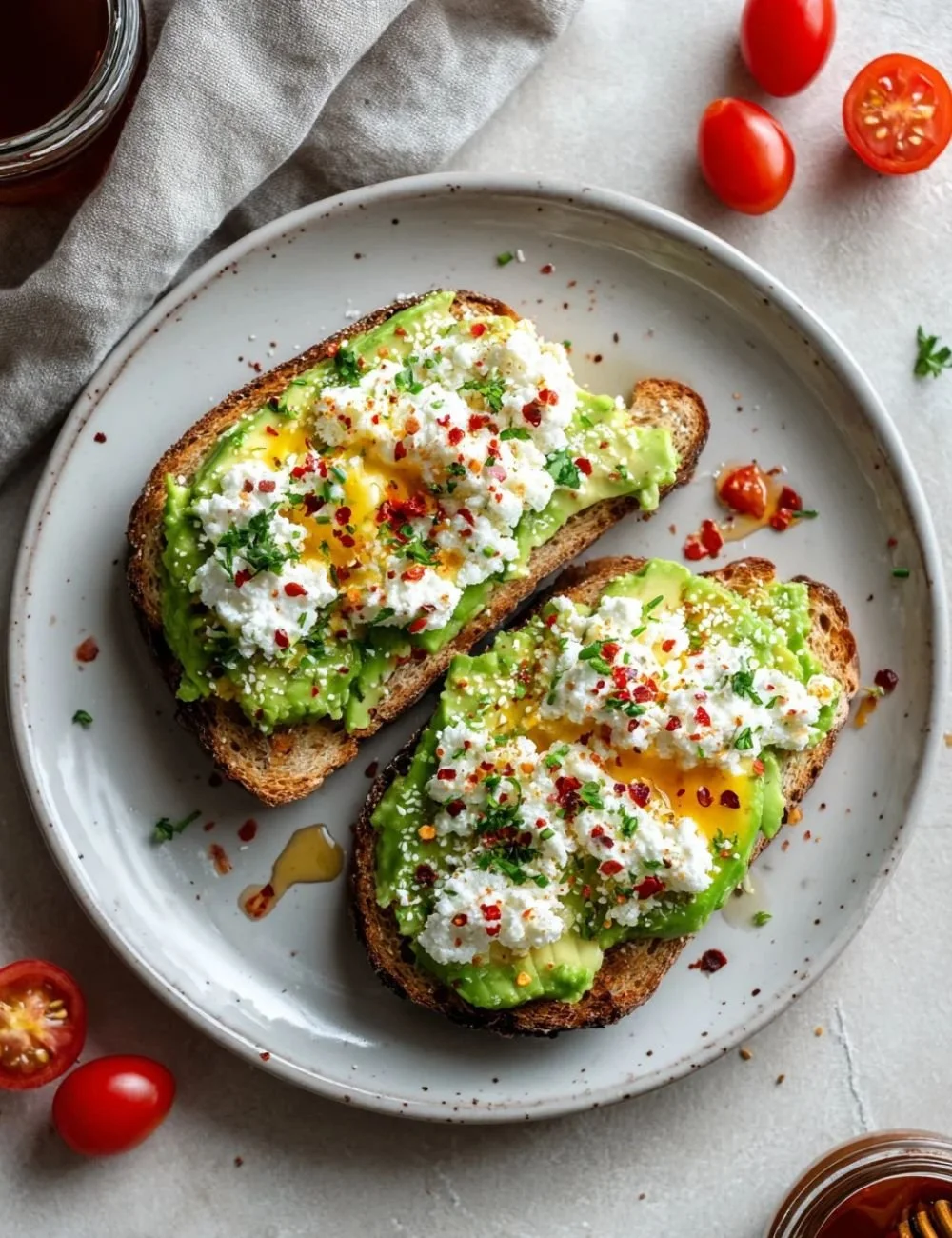 Cottage cheese toast topped with avocado and hot honey on a wooden board.