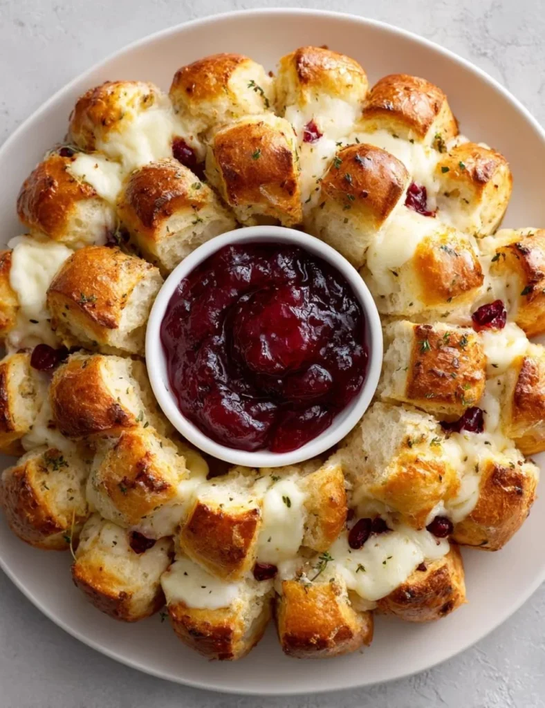 Delicious Cranberry Brie Pull-Apart Bread Bites served warm on a platter.