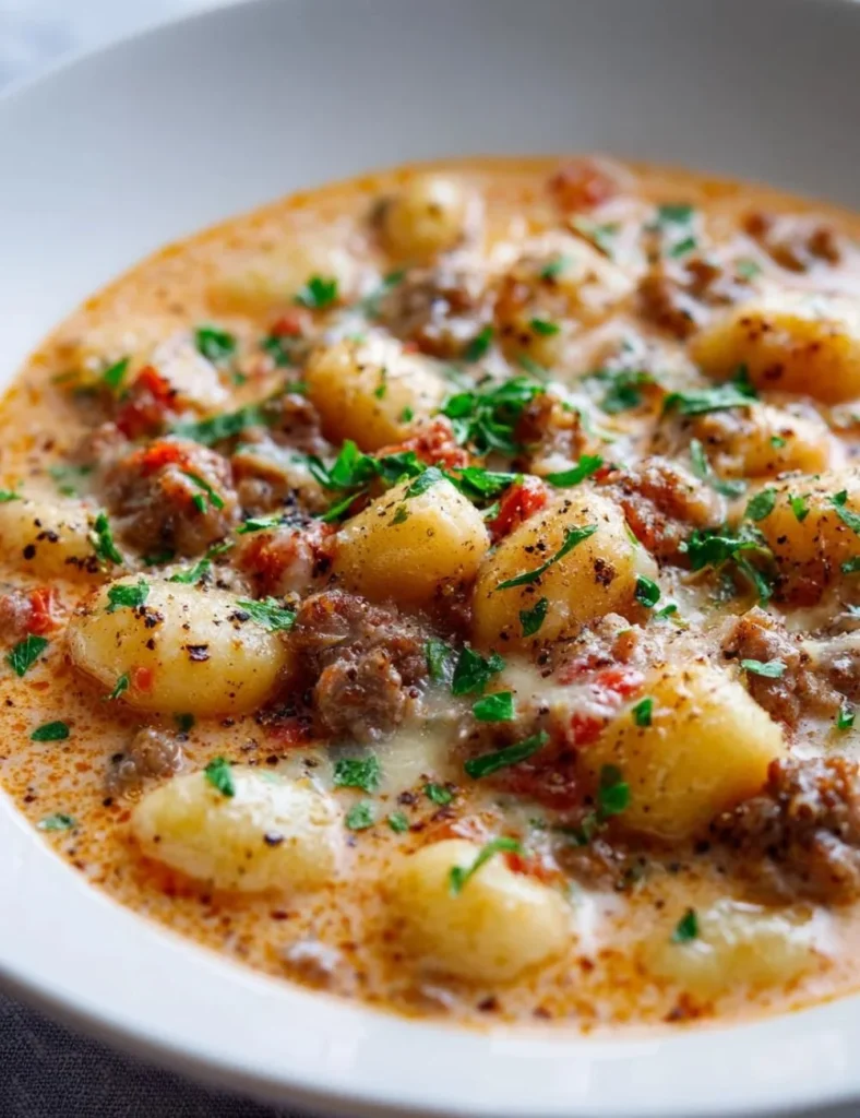 Bowl of creamy beef gnocchi soup with Italian sausage and herbs