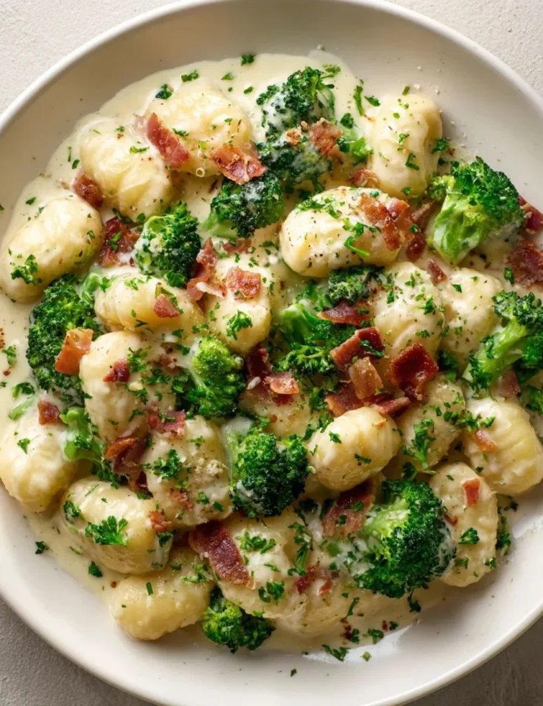 Creamy Boursin beef gnocchi dish with bacon and broccoli in a bowl