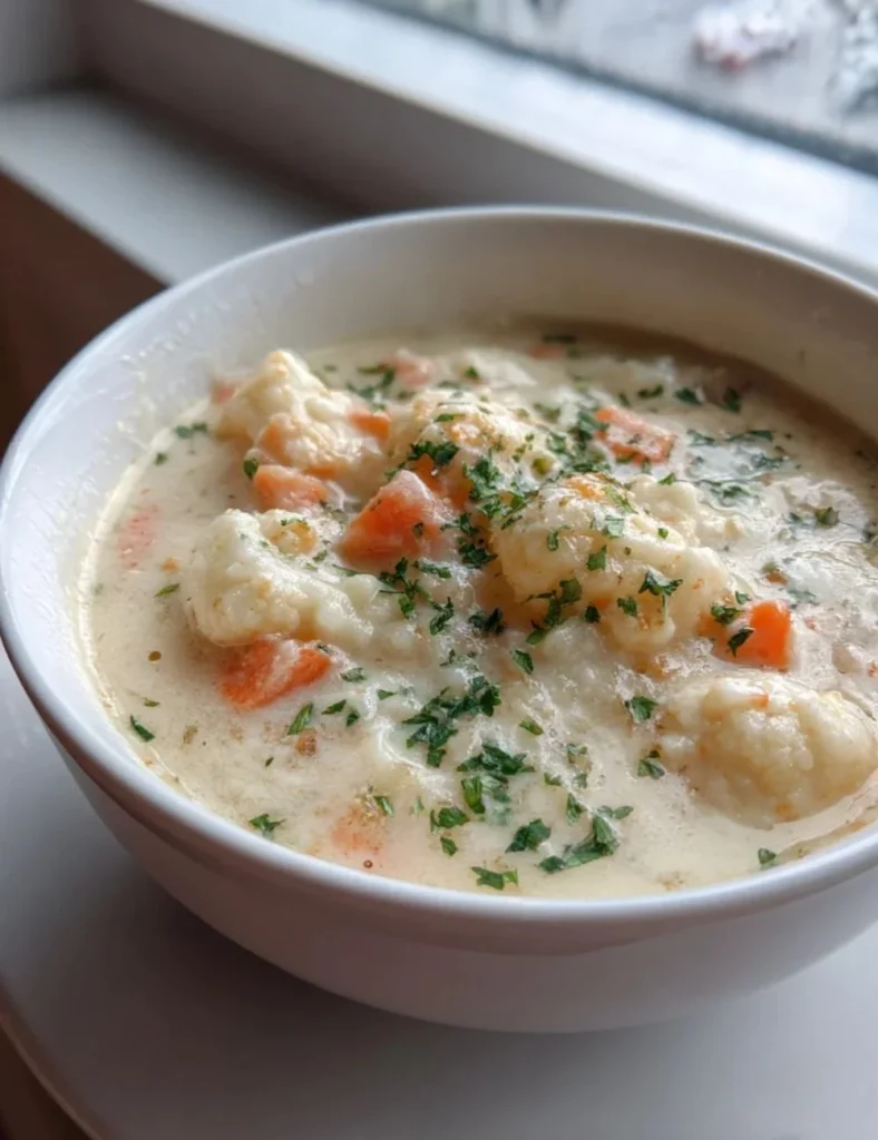 Bowl of creamy cauliflower soup topped with herbs and spices