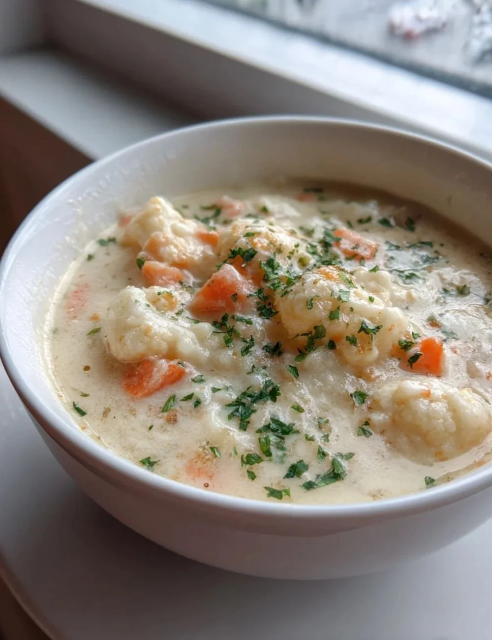 Bowl of creamy cauliflower soup topped with herbs and spices