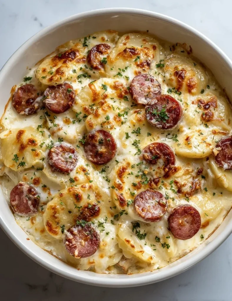 Creamy cheesy Crockpot Pierogi and Beef Kielbasa casserole served in a dish
