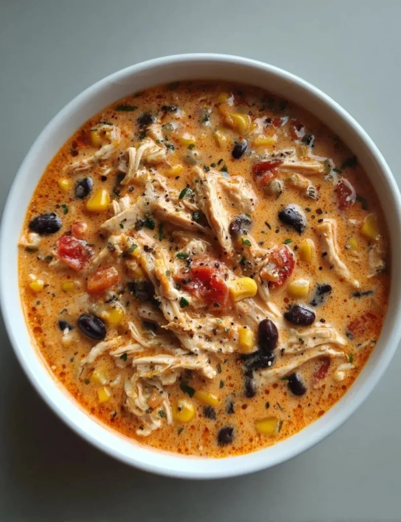 Bowl of creamy chicken tortilla soup topped with fresh cilantro and tortilla strips