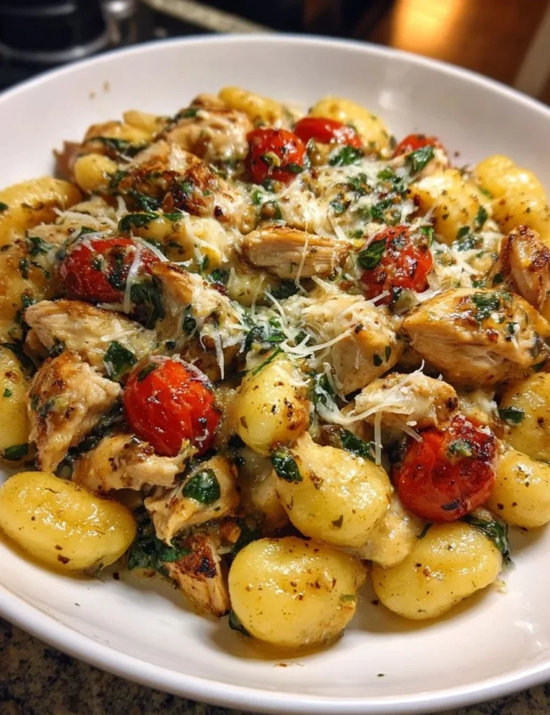 Creamy garlic chicken gnocchi skillet topped with herbs and parmesan