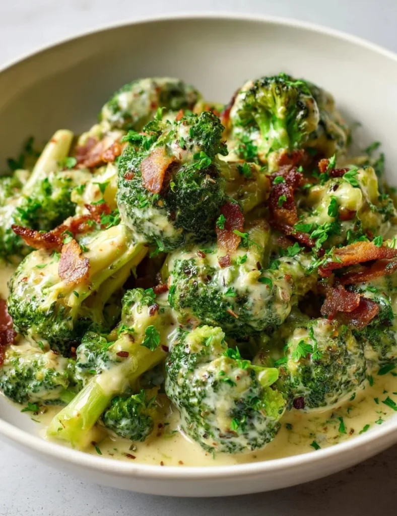 Creamy garlic parmesan broccoli with bacon served in a bowl