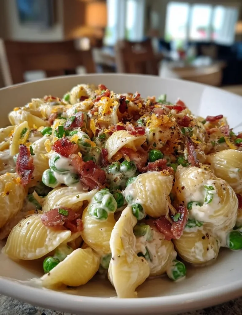 Delicious creamy pasta salad with fresh vegetables and herbs.