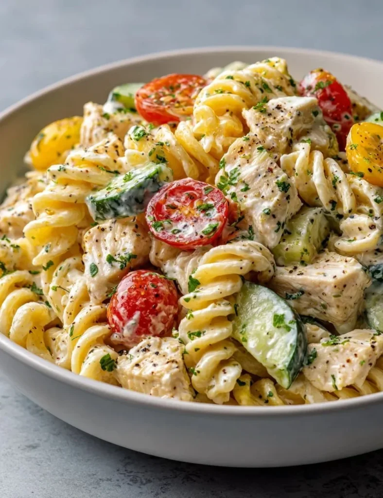 Creamy Ranch Protein Pasta Salad topped with fresh herbs in a bowl