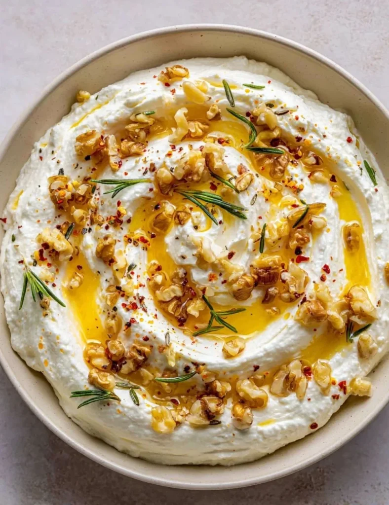 Creamy spicy ricotta dip topped with hot honey in a serving bowl