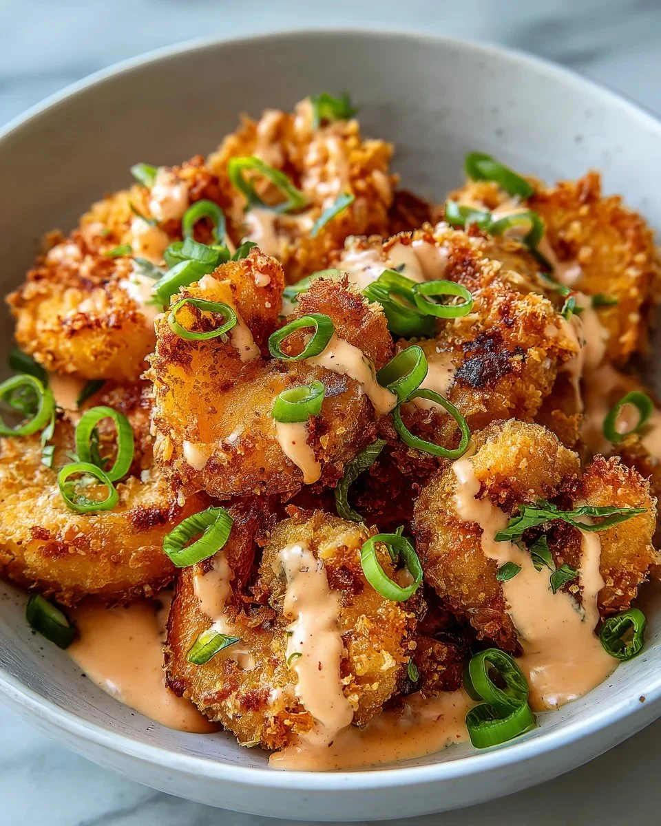 Crispy Air Fryer Bang Bang Shrimp garnished with sauce and served on a plate.
