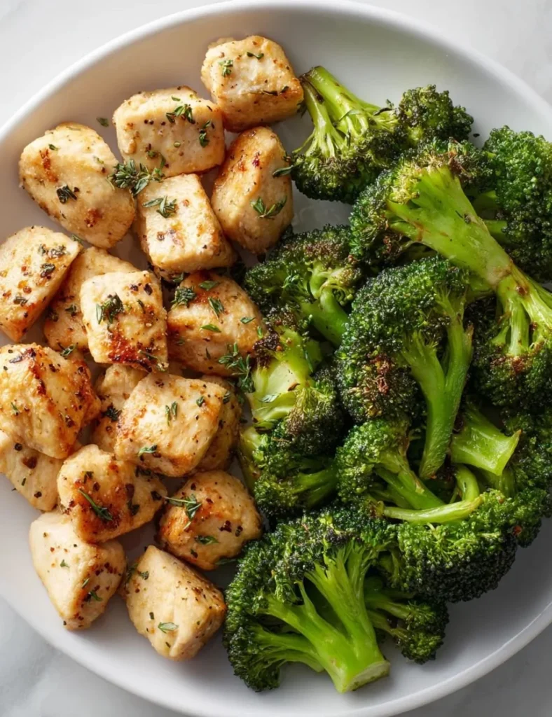 Crispy air fryer chicken bites served with broccoli on a plate