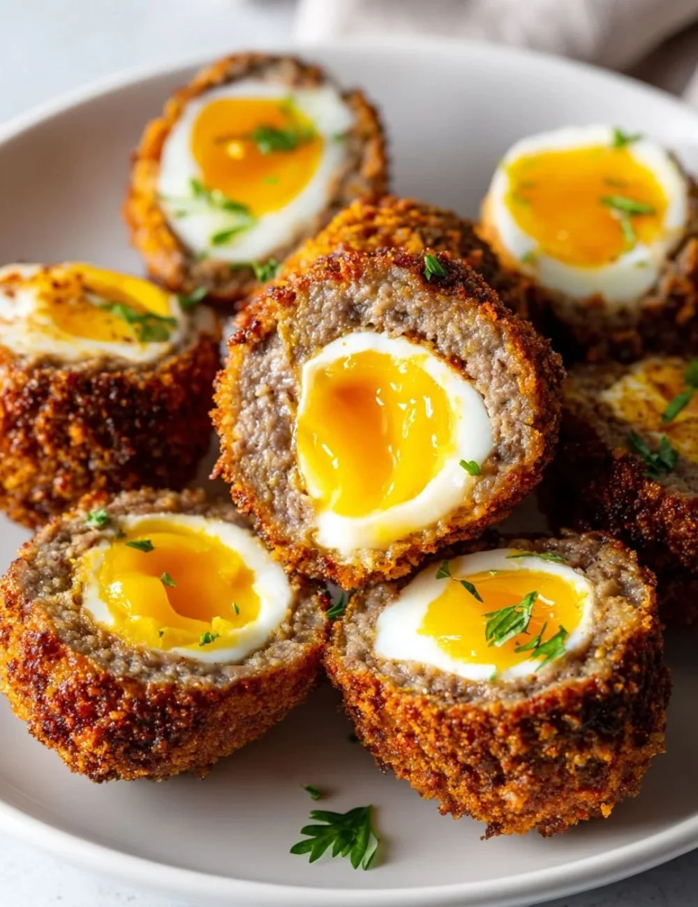 Crispy air fryer Scotch eggs made with beef, served on a plate.